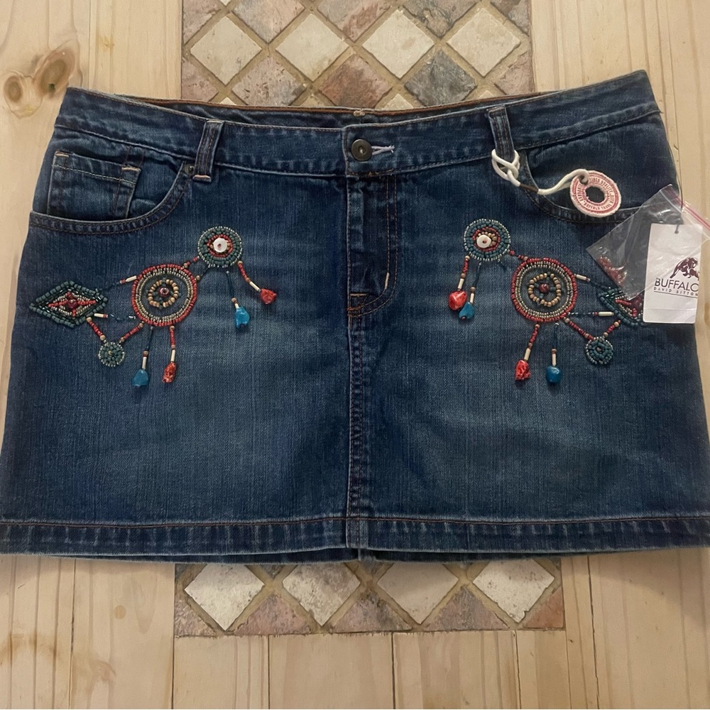 Buffalo David Bitton NWT Boho beaded and stone detailed Denim Skirt